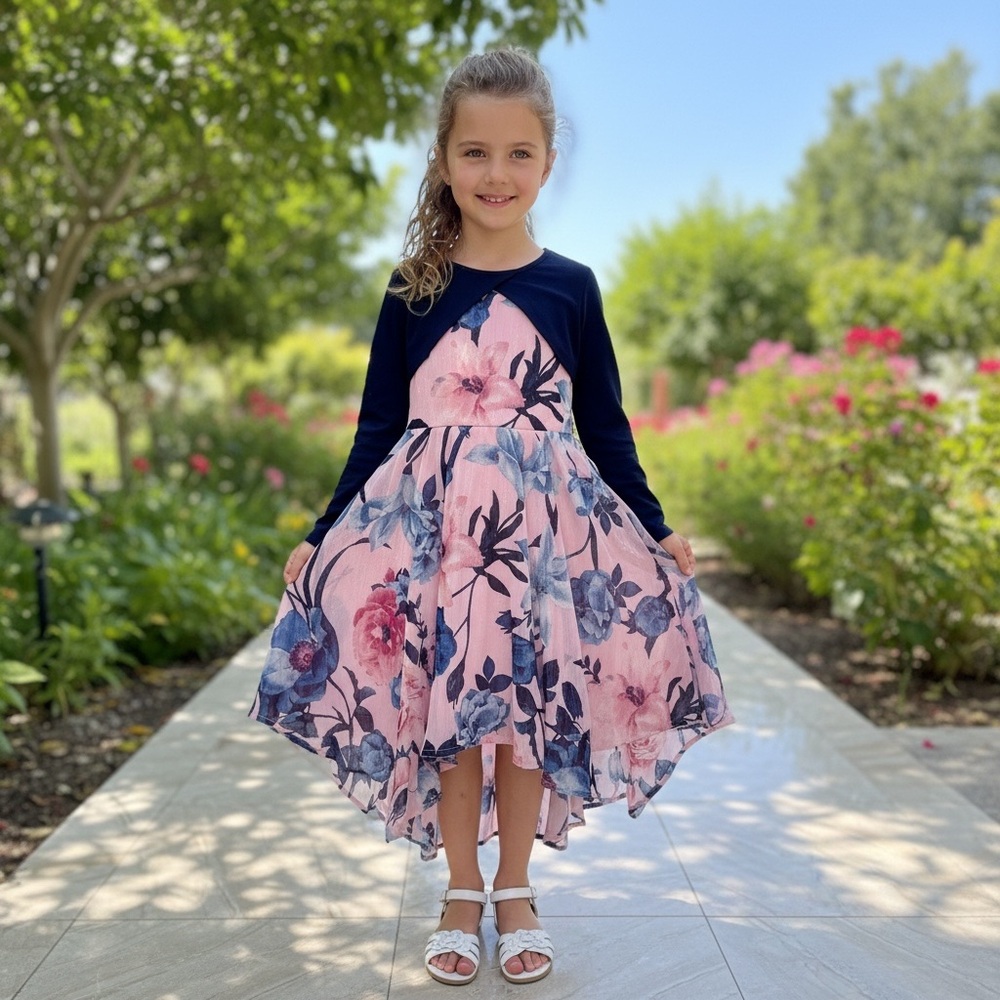 Floral Pink and Blue Kids Dress